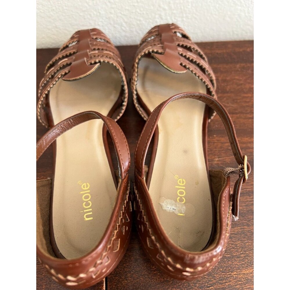 Nicole Flat Sandals Womens Size 8.5M Brown Cutout Leather Jellyfish Ankle Straps - Picture 7 of 9
